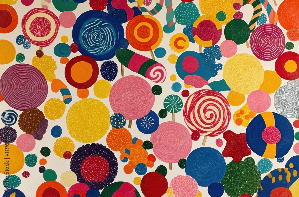 Poster colorful abstract art with swirls and dots featuring vibrant candy-like shapes and patterns ideal fo
