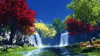 Vibrant autumn foliage flanking a serene waterfall cascading into a tranquil stream.