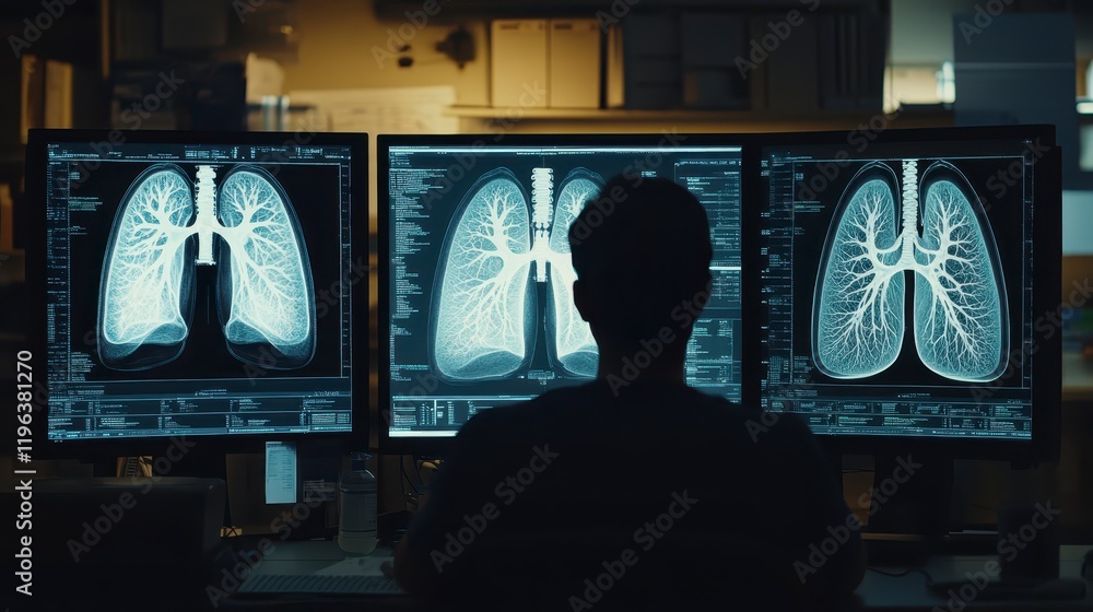 Poster radiologist analyzing lungs ct scan on multiple monitors in dark room