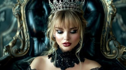 Beautiful gothic queen sitting on throne, dark vibes, wearing crown and black lace dress - Powered by Adobe