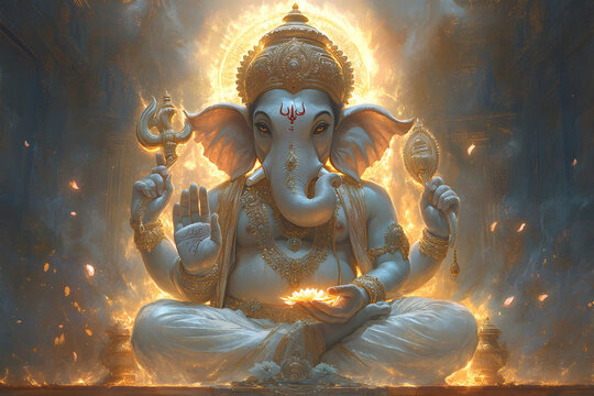 Lord Ganesha depicted with a majestic and divine presence, seated on a radiant golden throne adorned with intricate carvings of sacred symbols