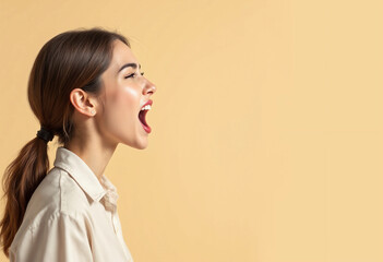 High-quality stock photo of a white woman shouting, side view, upper body head only, with pastel beige background and copyspace. Ideal for ads, blogs, and social media.