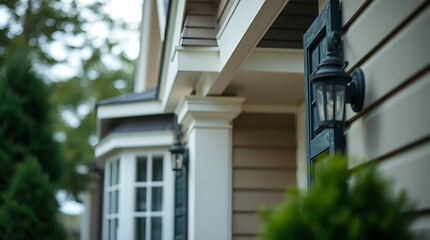 Fototapeta premium Captivating Suburban Home Exterior: Architectural Details and Landscaping in a Picturesque Setting