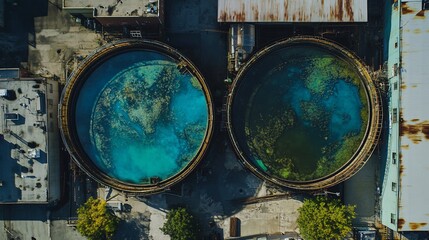 Obraz premium Aerial view of two large circular tanks, one with clear blue water, the other with green algae, resembling a split Earth.