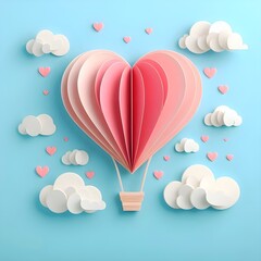 Love and Valentine day ,Origami made hot air balloon in a heart shape on ligth blue sky with cloud , copy space, greeting card. Paper cut art style