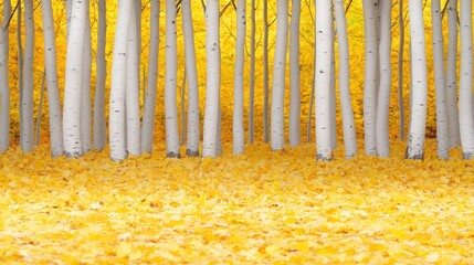 Serene autumn forest with golden leaves and white tree trunks.