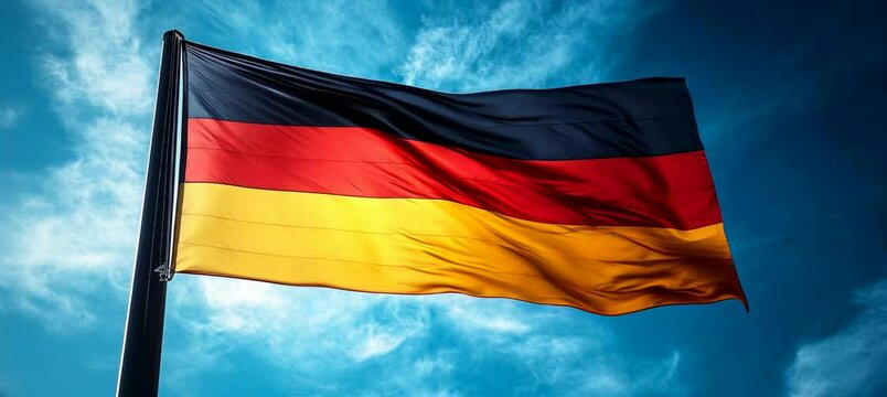 Waving Germany flag on flag pole. Country independence day concept. Generative video AI technology.	
