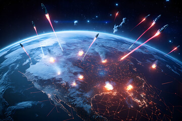 A futuristic concept of world war depicted with a global map with dozens of mini-rockets fly over continents