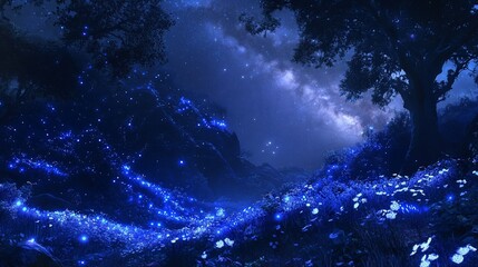 Fototapeta premium Magical blue night landscape with glowing fireflies and starry sky.
