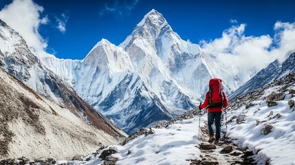 Obraz premium Hiker trekking snowy mountain path towards majestic peak.