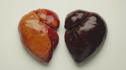 Two Raw Animal Livers Different Colors Close Up Studio Shot