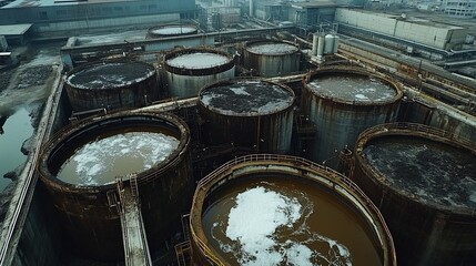 Fototapeta premium Aerial view of rusty industrial tanks with dark liquid and foam.