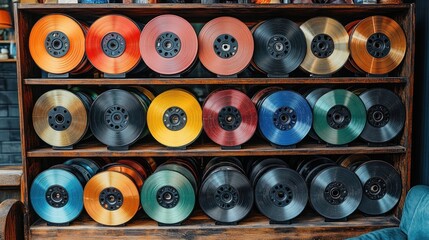 Fototapeta premium Colorful thread spools shelf, workshop, textile