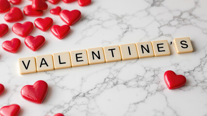 Charming Valentine's Day Scrabble Tiles and Hearts, Featuring Red Hearts and Words VALENTINE'S on a Marble Background