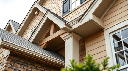 Fototapeta premium Elegant Home Exterior: Brick, Wood, and Classic Design. High-end Residential Architecture, showcasing modern and classic elements in a luxury home setting.