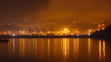 Obraz premium Night view of a hazy industrial port with lights reflected on calm water.