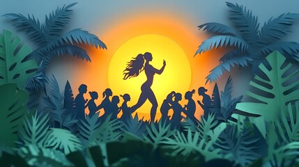 A papercut design of a fitness instructor guiding a group in a high-energy workout class