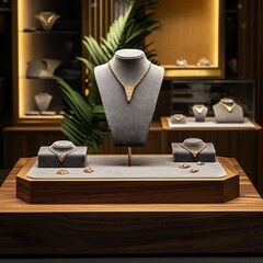 Elegant diamond necklace and earrings displayed on wooden stand in jewelry store.