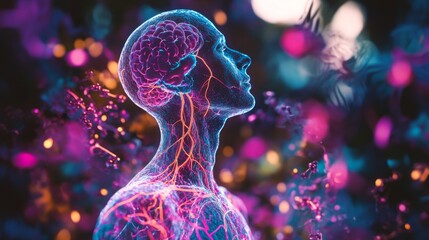 An abstract representation of a person with glowing neural pathways. The vibrant colors evoke a sense of connection and energy. Stunning visual art form. Generative AI.