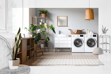 Interior of laundry room with washing machines and houseplants
