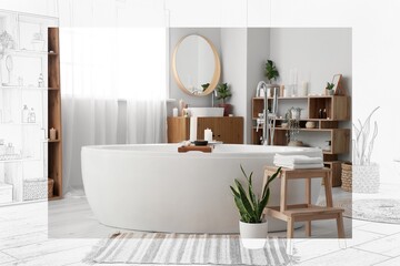 Interior of stylish bathroom with white bathtub