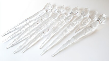 A group of long, icicles with frozen drips at the ends, neatly arranged, on a white backdrop