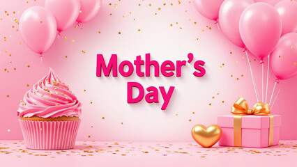 Pink Mother's Day Celebration with Balloons, Cupcake, and Gold Heart Confetti, Featuring a Festive Background