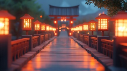 Obraz premium Evening Glow on a Low Poly Japanese Bridge, traditional design illuminated by lanterns, serene atmosphere, rich cultural heritage