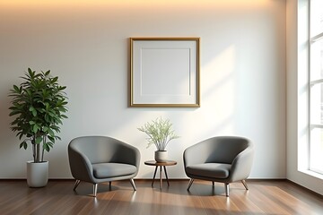 Modern waiting area with two beautiful gray chairs, vibrant green plants and a large empty frame on the wall, creating an inviting atmosphere.