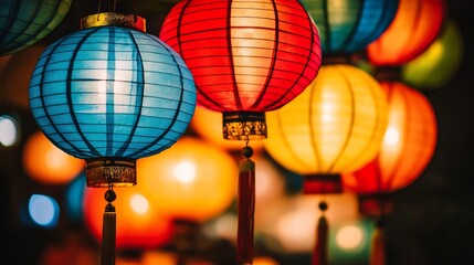 Obraz premium Illuminated colorful paper lanterns hanging, glowing in the dark.