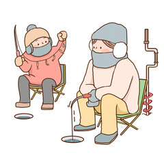 氷上で、ワカサギ釣りをする2人