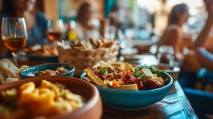 Delicious tapas and drinks shared amongst friends at a restaurant.