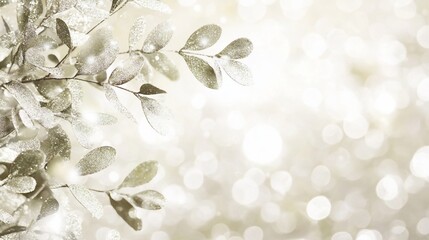 Silver leaf branches with bokeh background, winter holiday design.