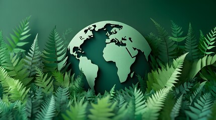 A papercut design of a clean and green Earth surrounded by lush plants, symbolizing sustainability
