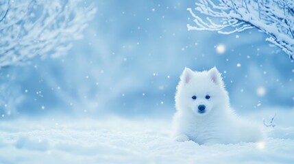 Fototapeta premium Snowy Samoyed Pup: An adorable Samoyed puppy sits serenely in a winter wonderland, snowflakes gently falling around it. The scene is bathed in soft, cool blue light.