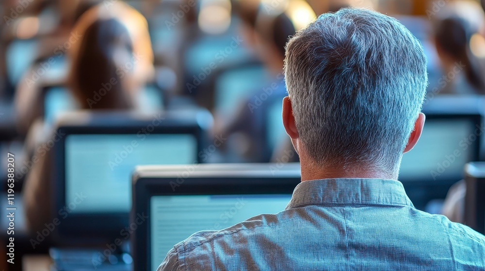 Poster man with graying hair working on computer in busy office setting