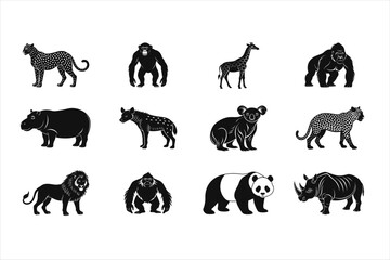 12 different wild life animals silhouette vector illustrations