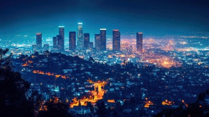 Naklejka premium Nighttime Panorama of Los Angeles Skyline