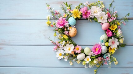Easter flower wreath with colorful blossoms and small decorative eggs