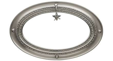 Oval frame with a polished silver finish. Adorn the border with engraved heart patterns and a subtle, reflective shine. 