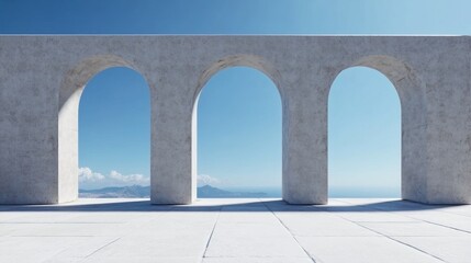 Three large, minimalist arches stand against a bright blue sky, framing a stunning coastal view. scene captures a tranquil atmosphere with the ocean visible in the distance