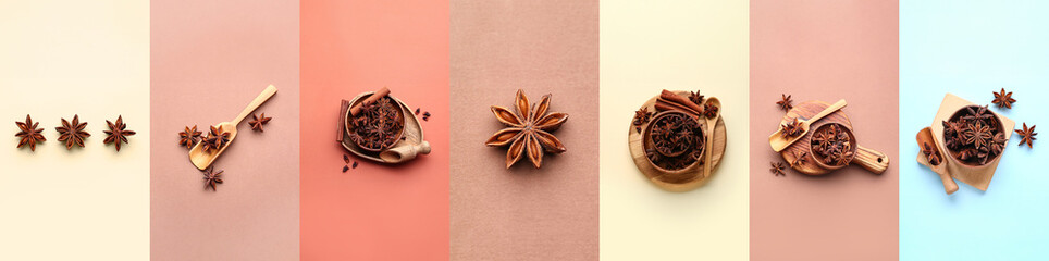 Set of aromatic star anise on color background, top view