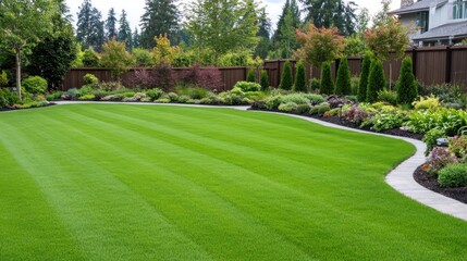 Obraz premium lush green lawn is complemented by well-designed flower beds and shrubs in a residential garden. serene landscape features neat paths and various plants, creating a peaceful atmosphere