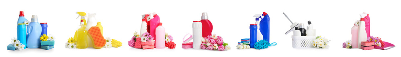 Set of cleaning supplies and flowers on white background. Spring cleaning