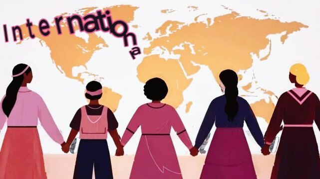 International women's day text a variety of female silhouettes standing sideways. Strong and brave girls of different nationalities support each other. Concept of equality, activi group with world map
