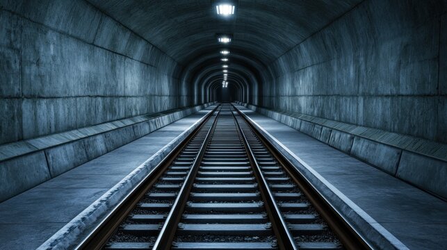 image showcases a railway tunnel featuring parallel tracks that extend into a dimly lit distance, with overhead lights casting a stark glow on the concrete walls