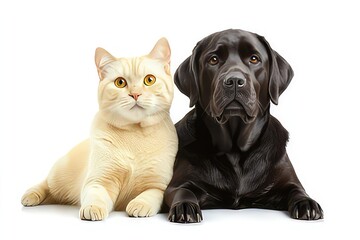 Naklejka premium A golden retriever puppy and a tabby cat sitting together, displaying a bond of friendship, isolated on a white background. 