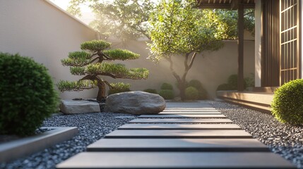 A minimalist zen garden with a stone pathway, bonsai trees, and a tranquil atmosphere.