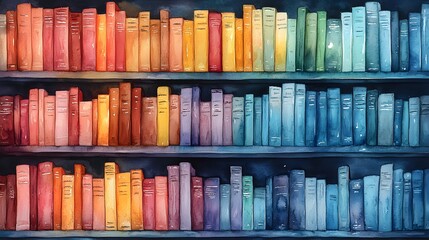 A watercolor illustration of bookshelves arranged in a creative, colorful pattern, filled with books and knowledge