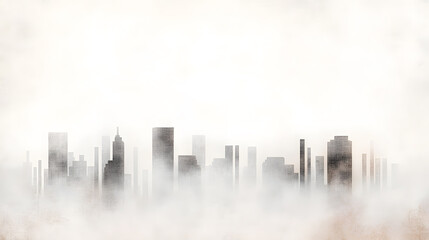 A dramatic representation of a city cloaked in smog, with a dense layer of dust particles reflecting the dim light of a pale, overcast sky. The outlines of skyscrapers appear faded and distant, as